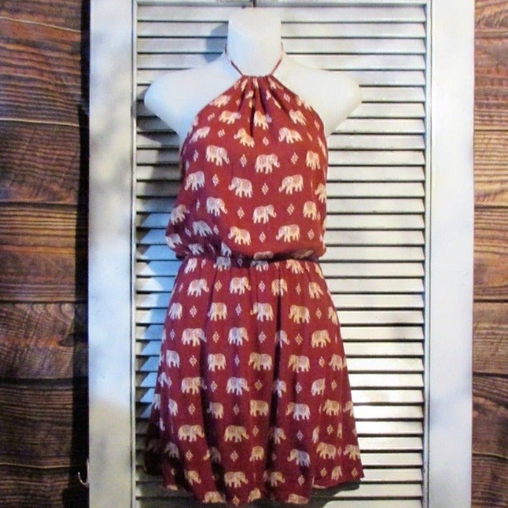 Forever 21 Med Elephant Print Halter Dress Open Back Boho Sundress